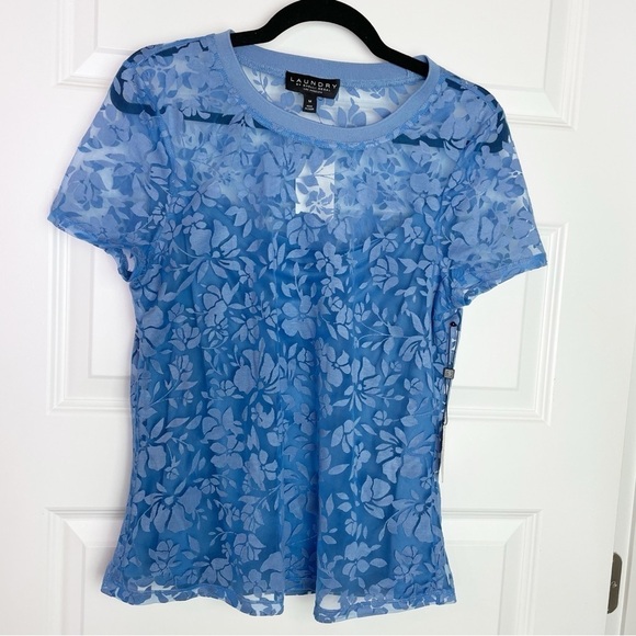 New Laundry by Shelli Segal Floral Burnout Tee Dutch Blue Sz M - Picture 8 of 9